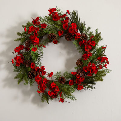 Nearly Natural 24in. Faux Pine Plum Blossom Indoor Christmas Wreath