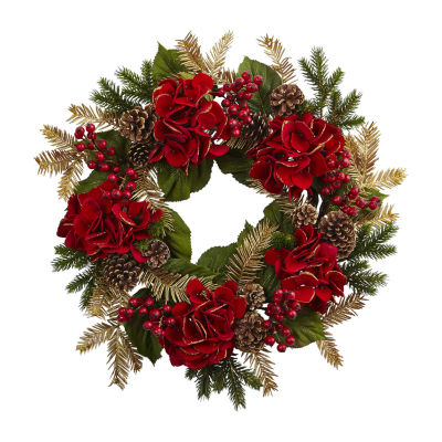 Nearly Natural 24in. Faux Hydrangea Pine Indoor Christmas Wreath
