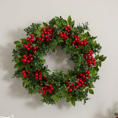 Nearly Natural 24in. Berry Boxwood Indoor Christmas Wreath