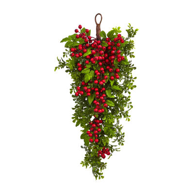 Nearly Natural 26in. Berry Boxwood Teardrop Indoor Christmas Wreath