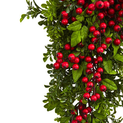 Nearly Natural 26in. Berry Boxwood Teardrop Indoor Christmas Wreath