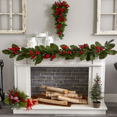 Nearly Natural 26in. Berry Boxwood Teardrop Indoor Christmas Wreath