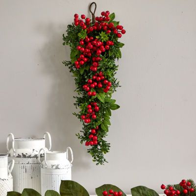 Nearly Natural 26in. Berry Boxwood Teardrop Indoor Christmas Wreath