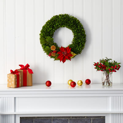 Nearly Natural Tea Leaf Poinsettia Pine Indoor Christmas Wreath