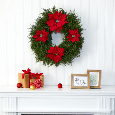 Nearly Natural 24in. Faux Cedar Poinsettia Indoor Christmas Wreath