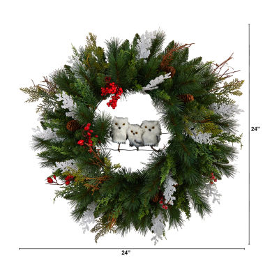 Nearly Natural 2' Winter Owl Pinecone Berry Faux Indoor Christmas Wreath