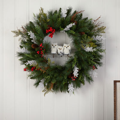 Nearly Natural 2' Winter Owl Pinecone Berry Faux Indoor Christmas Wreath