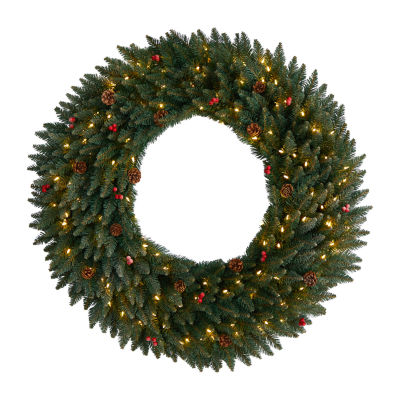 Nearly Natural 4ft. Large Flocked Faux Indoor Pre-Lit Christmas Wreath