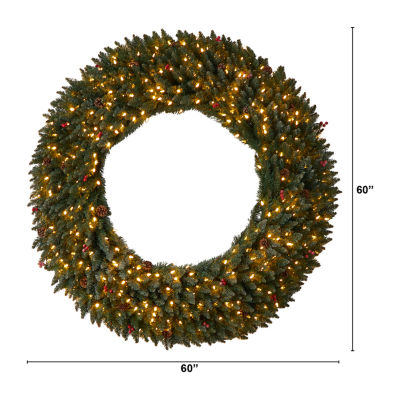 Nearly Natural 5ft. Large Flocked Faux Indoor Pre-Lit Christmas Wreath