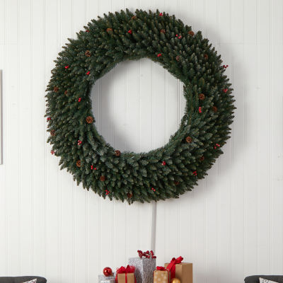 Nearly Natural 5ft. Large Flocked Faux Indoor Pre-Lit Christmas Wreath