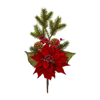 Nearly Natural 6-pc. 17in. Faux Poinsettia Pine Stem Set Red Christmas Tabletop Decor