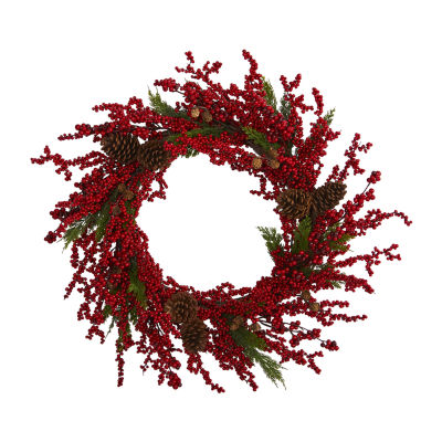 Nearly Natural 34in. Cypress Faux With Berries Wreath