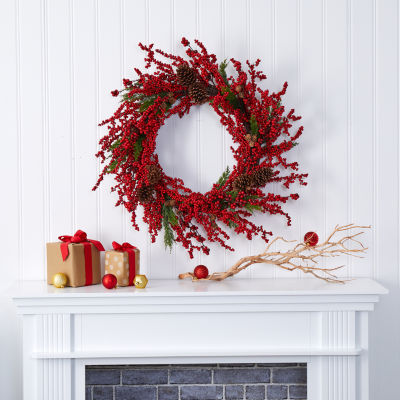 Nearly Natural 34in. Cypress Faux With Berries Wreath