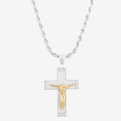 Mens Sterling SIlver & 18K Gold Over Silver Crucifix Cross Pendant Necklace