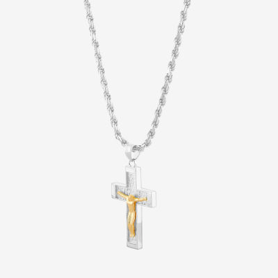 Mens Sterling SIlver & 18K Gold Over Silver Crucifix Cross Pendant Necklace