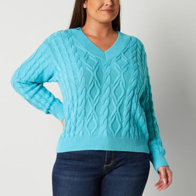 St. John's Bay Plus Womens V Neck Long Sleeve Striped Pullover Sweater