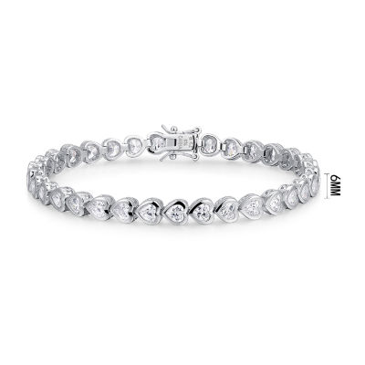 Womens Cubic Zirconia Platinum Over Silver Heart 7.25 Inch Tennis Bracelet