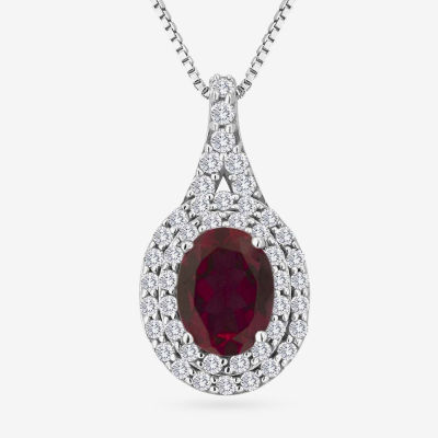 Lab-Created Ruby & Lab-Created White Sapphire Sterling Silver Halo Pendant Necklace