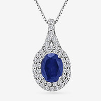 Blue and White Lab-Created Sapphire Sterling Silver Halo Pendant Necklace