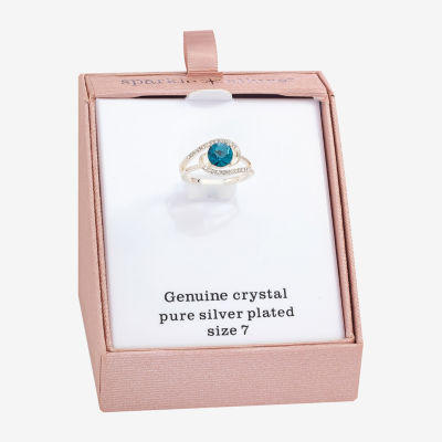 Sparkle Allure Womens Blue Crystal Pure Silver Over Brass Round Cocktail Ring