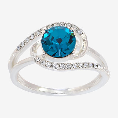 Sparkle Allure Womens Blue Crystal Pure Silver Over Brass Round Cocktail Ring