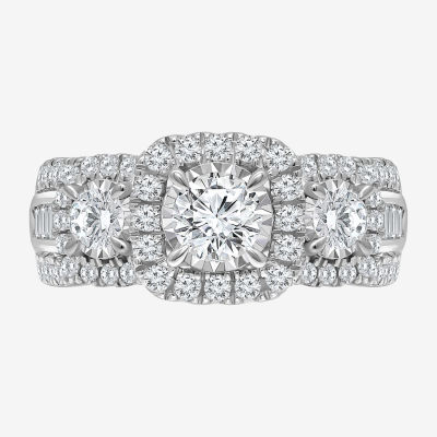 (I / I1) Love Lives Forever Womens 2 CT. T.W. Lab Grown White Diamond 10K or 14K White Gold Cushion Side Stone 3-Stone Engagement Ring