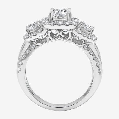 (I / I1) Love Lives Forever Womens 2 CT. T.W. Lab Grown White Diamond 10K or 14K White Gold Cushion Side Stone 3-Stone Engagement Ring