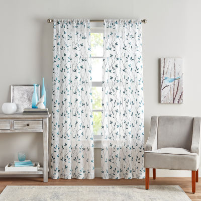 CHF Botanical Embroidery Rod Pocket Embroidered Sheer Set of 2 Curtain Panels