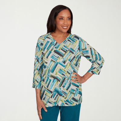 Alfred Dunner Lake Champlain Womens V Neck 3/4 Sleeve T-Shirt