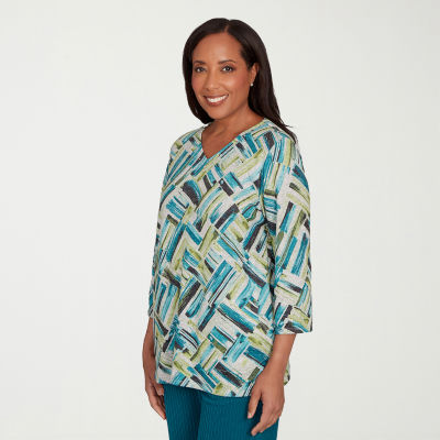 Alfred Dunner Lake Champlain Womens V Neck 3/4 Sleeve T-Shirt