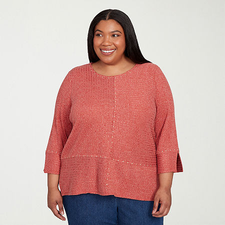 Alfred Dunner Sunset Canyon Womens Plus Crew Neck 3/4 Sleeve T-shirt In Red