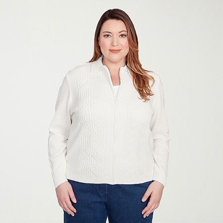 Alfred Dunner Classics Womens Long Sleeve Zipper Plus Cable Knit Cardigan, 2x, White