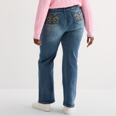 Forever 21 Juniors Plus Mid Rise Bootcut Butterfly Embellished Pocket Jean