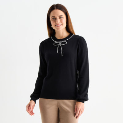 Liz Claiborne Womens Crew Neck Embellished Long Sleeve Pullover Sweater