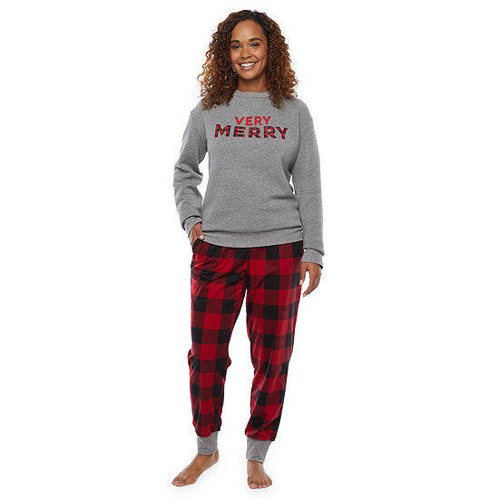 North Pole Trading Co. Very Merry Womens Crew Neck Long Sleeve 2-pc. Pant Pajama Set