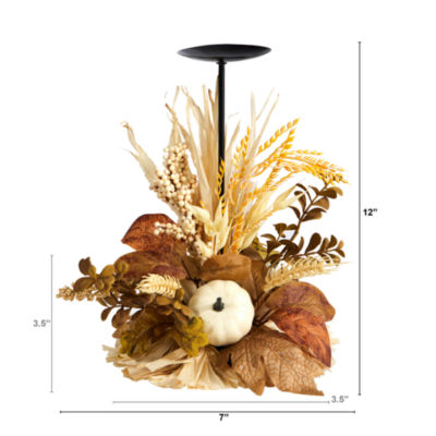 Nearly Natural 12" Autumn Pumpkin Candle Holder Floral Arrangement