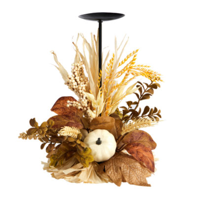 Nearly Natural 12" Autumn Pumpkin Candle Holder Floral Arrangement