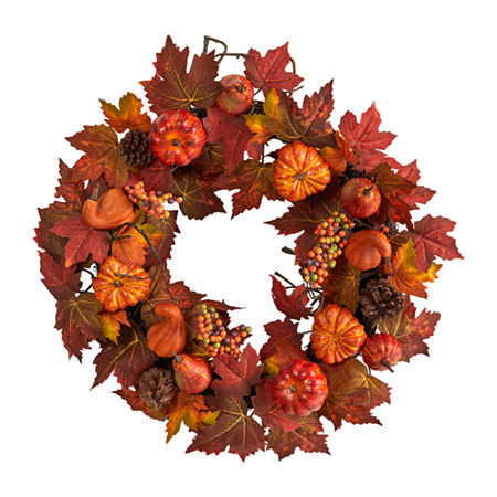 Nearly Natural 24 Autumn Faux Arrangement Wreath, One Size, Orange