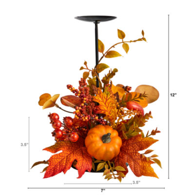 Nearly Natural 12" Autumn Harvest Candle Holder Floral Arrangement