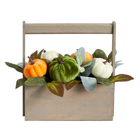 Nearly Natural 10 Fall Pumpkin In Wood Basket Floral Arrangement, One Size, Green