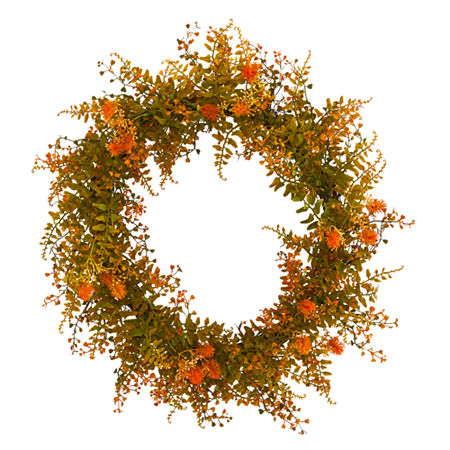 Nearly Natural Autmn Fern Artificial Wreath, One Size, Orange