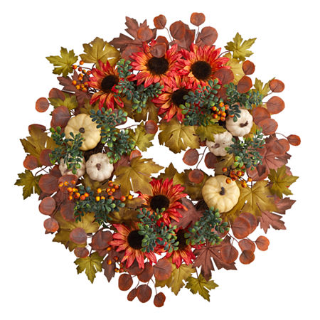 Nearly Natural 30 Autumn Foliage Faux Wreath, One Size, Orange