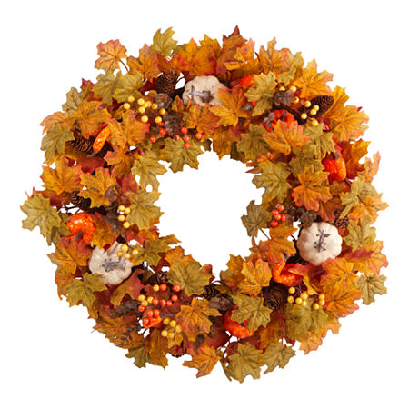 Nearly Natural 30 Pumpkin And Maple Leaf Faux Wreath, One Size, Orange