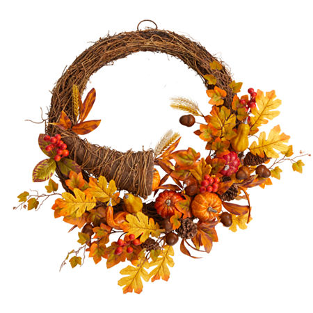 Nearly Natural 26 Autumn Faux Cornucopia Fall Wreath, One Size, Orange