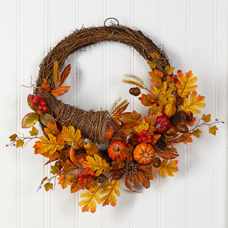 Nearly Natural 26 Autumn Faux Cornucopia Fall Wreath, One Size, Orange