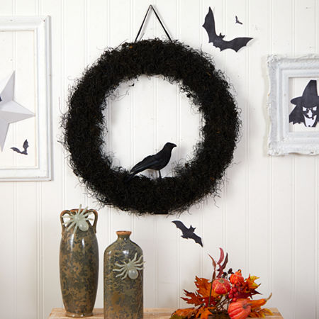 Nearly Natural 30 Halloween Black Raven Twig Wreath, One Size, Black