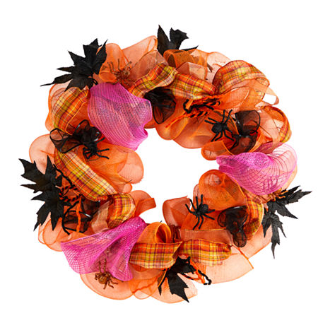 Nearly Natural 26 Halloween Spider Mesh Wreath, One Size, Orange