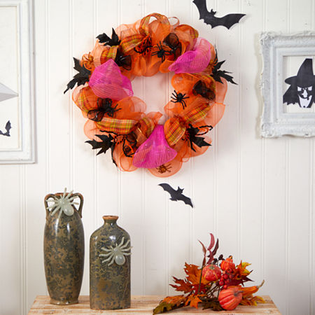 Nearly Natural 26 Halloween Spider Mesh Wreath, One Size, Orange