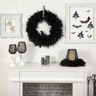 Nearly Natural 30" Halloween Raven Feather Wreath