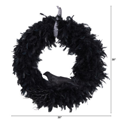 Nearly Natural 30" Halloween Raven Feather Wreath